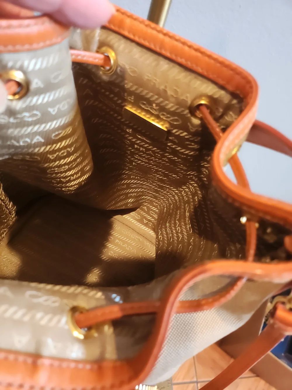 Prada Beige Canvas Duet Drawstring Bucket Crossbody with Leather Trim - Picture 12 of 12
